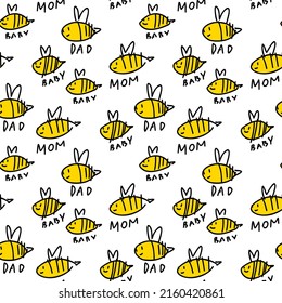 Cute doodle family bee white seamless pattern, minimalist hand drawn. Summer texture, insect textile, children text wallpaper.