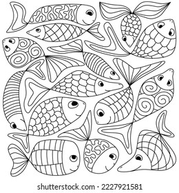 Cute doodle fantasy fish for coloring. Sea life animals outline contour. Zentangle pattern abstract smiling fish. Simple ink sketch vector illustration. For print, cover, book, textile, souvenirs.