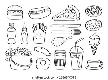 Cute doodle fast food junk food cartoon icons   objects 