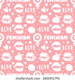 Cute doodle Feminism day, valentine day seamless pattern with kiss, hearts, lettering love text. White hand drawn simple elements on pink background.Vector illustartion.Design textile,wallpaper,print.