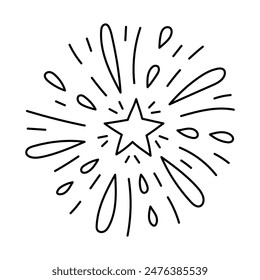 Cute doodle firework with stars for holidays, celebration and festival. Outline sparkling salute as sign of Independence day, 4th July, freedom. Hand drawn isolated black and white illustration.