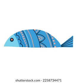 Cute doodle fish card. Around motif with fish.. Ocean marine underwater
