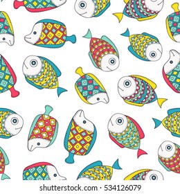 Cute doodle fish. Vector seamless pattern with hand drawn sea dweller. Color fish with doodle ornament. On white background.