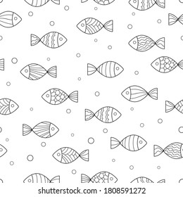 Cute doodle fishes with simple pattern and bubble on white background. Seamless ocean decorative pattern. Suitable for textile, wrapping, coloring book.