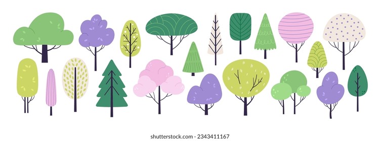 Cute doodle flat tree and bush. Eco silhouettes trees with colorful foliage. Minimal design forest elements, scandinavian racy vector graphic