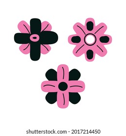 Cute doodle flower set of three clip arts. Vector simple icon collection for logo, postcard, print and other design. Pink and black color