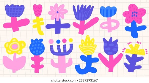 Colección de flores de doodle. Graciosas plantas botánicas florecientes con hojas y pétalos. Elementos florales de moda estilo infantil