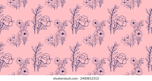 cute doodle flowers pink blue background pattern Vintage seamless pattern Seamless repeat swatch vector illustration with flowers hand drawn botanical