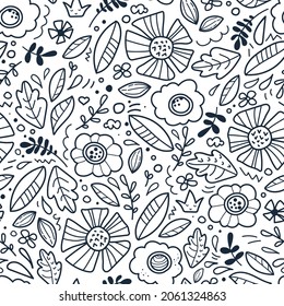 Cute doodle flowers seamless pattern. Floral surface design. Repeating doodle background - Vector