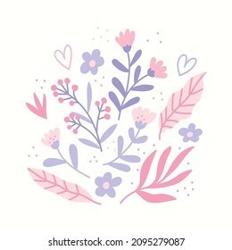 Cute doodle flowers set. Flat vector illustration in pastel tones. Floral print for fabric, gift wrapping paper, stationery, package and any surface