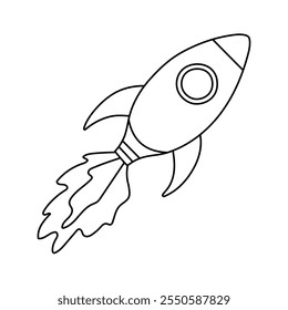 Cute doodle of flying space rocket with fire, windows, wings. Hand drawn cosmic shuttle in the sky. Symbol of business idea, launching new project. Outline spaceship clipart isolated on background.