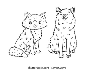 Cute doodle forest animals: fox and wolf The vector children's illustration set on white background