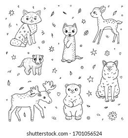 Cute doodle forest animals. The vector children's illustration set on white background
