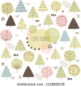 Cute doodle forest vector illustration. Decorative landscape background