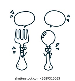 süße doodle gabel und löffel cartoon charakter sprechen einander