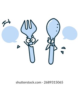 cute doodle fork and spoon cartoon character talking each other