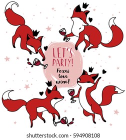 cute doodle foxes drinking wine, set of vector illustration