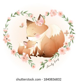 Cute doodle foxy with floral illustration