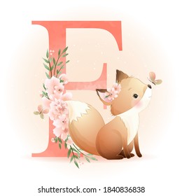 Cute doodle foxy with floral illustration