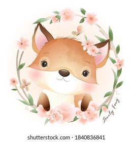 Cute doodle foxy with floral illustration