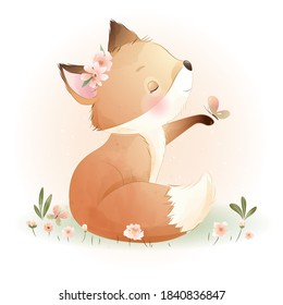 Cute doodle foxy with floral illustration