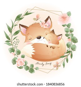 Cute doodle foxy with floral illustration