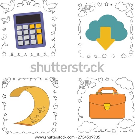 Cute Doodle Frame Icon Set. Calculator, Cloud Download, Ribbon, and Briefcase Vector Illustrations