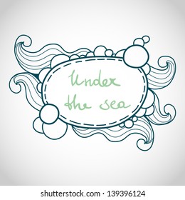 Cute doodle frame with sea waves and bubbles on white background. Hand drawn vector illustration.
