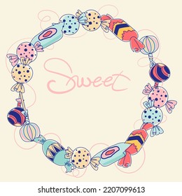 Cute doodle frame of sweets, vector drawing. For greeting cards, menus, posters, book illustrations.