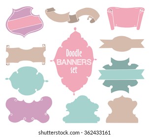 Cute doodle frames and banners in pastel colors, set number two