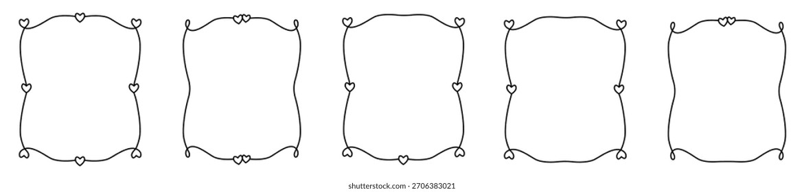 Cute doodle frames and borders collection. Hand drawn wedding invitation elements with hearts, ribbons, and vintage decorative lines. Vector illustration isolated on white.