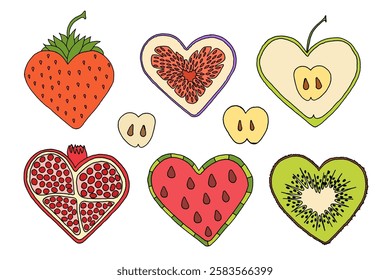 Cute doodle fruit hearts set. Childish drawing of freehand heart-shaped yummy food