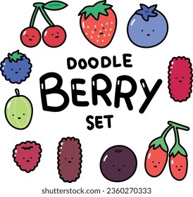 cute doodle fruits hand drawn berries set cherry strawberry blueberry blackberry raspberry mulberry acai berry goji berry gooseberry