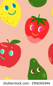 Cute doodle fruits on pastel pink background, flat fruits cartoon fun summer vibe seamless pattern