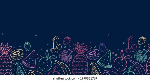 Cute doodle fruits seamless pattern, hand drawn background with pineapple, melon, kiwi and more - great for textiles, wrapping, surfaces, wallpapers - vector design