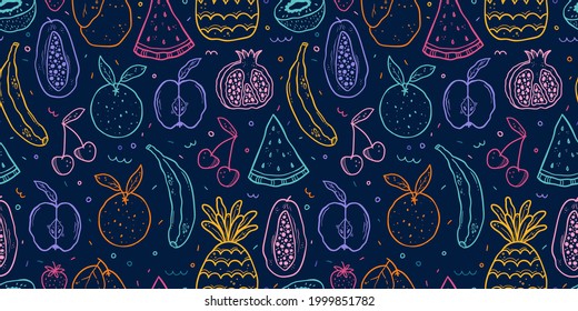 Cute doodle fruits seamless pattern, hand drawn background with pineapple, melon, kiwi and more - great for textiles, wrapping, surfaces, wallpapers - vector design