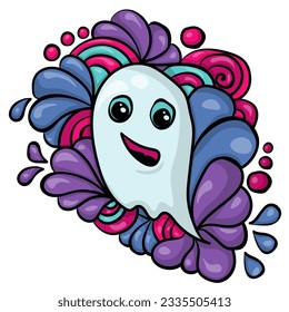 Cute doodle ghost in cartoon style with ornate patterns for Halloween design or postcard vector illustration