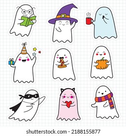 cute doodle ghost stickers halloween set