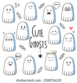 Cute doodle ghosts. Halloween hand drawn funny monster set on white background. Seasonal design vector illustration.