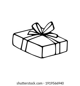 Cute doodle gift box. Hand drawn present. Vector illustration for greeting cards, posters and stickers isolated on white background.
