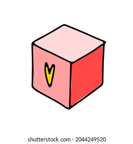 Cute doodle Gift box sticker. Hand-drawn red present isolated on white background. Cube with heart print. Holiday, Valentines Day, Christmas, Birthday, childrens toy symbol. Vector sketch illustration