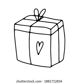Cute doodle Gift sticker. Hand-drawn outline present isolated on white background. Surprise in heart wrapping paper with bow. Holiday, Valentine's Day, Christmas, Birthday symbol. Vector illustration