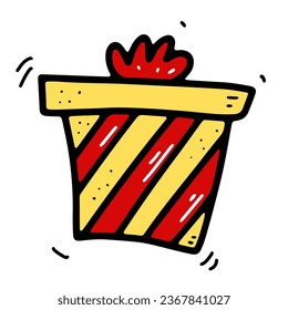 Cute doodle Gift sticker. Hand-drawn striped present isolated on white background. Surprise in red wrapping paper with bow. Holiday, New Year, Christmas, Birthday symbol. Vector festive illustration