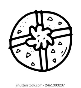 Cute doodle Gift sticker. Hand-drawn present isolated on white background. Surprise wrapping ornamented paper with bow, dot. Holiday, New Year, Christmas, Birthday symbol. Vector festive illustration