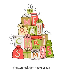 Cute Doodle Gifts Boxes For Your Winter Congratulation - Merry Christmas. A Huge Pile Of Cartoon Christmas Presents With Letters, Bow, Ribbon. Hand Drawn Vector Illustration Isolated On White.