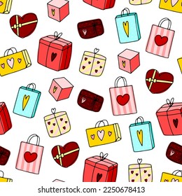 Cute doodle Gifts seamless pattern. Hand-drawn presents bag on white background. Heart, stripes, dot surprise packages. Holiday, Valentines Day, Birthday, love symbol. Vector festive illustration