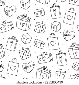 Cute doodle Regalos sin fisuras. Bolsa de regalos dibujada a mano sobre fondo blanco punto. Esbozar paquetes sorpresa con corazones. Fiesta, Día de San Valentín, cumpleaños, símbolo de amor. Ilustración festiva del vector