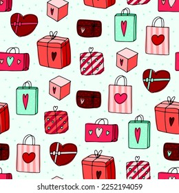 Cute doodle Gifts seamless pattern. Hand-drawn presents bag on dots blue background. Heart, stripes, dot surprise packages. Holiday, Valentines Day, Birthday, love symbol. Vector festive illustration
