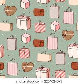 Cute doodle Gifts seamless pattern. Hand-drawn presents bag on neutral dots background. Stripes, bow surprise packages. Holiday, Valentines Day, Birthday, Christmas symbol. Vector festive illustration