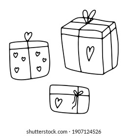 Cute doodle Gifts set. Hand-drawn outline presents isolated on white background. Surprise in heart wrapping paper with bow. Holiday, Valentine's Day, Birthday, love symbol. Vector festive illustration